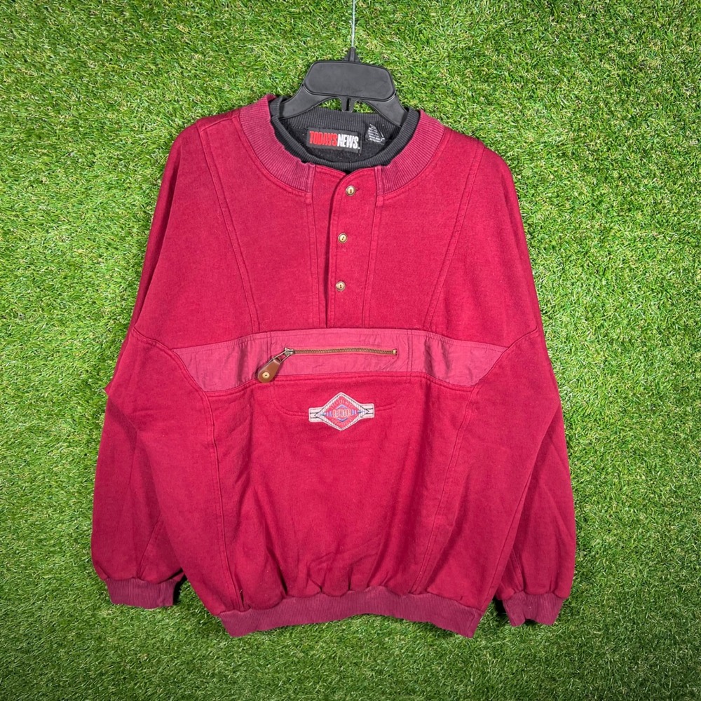 Todays News Mens XL Burgundy Henley Fleece Sweatshirt Zipper Pocket Vintage